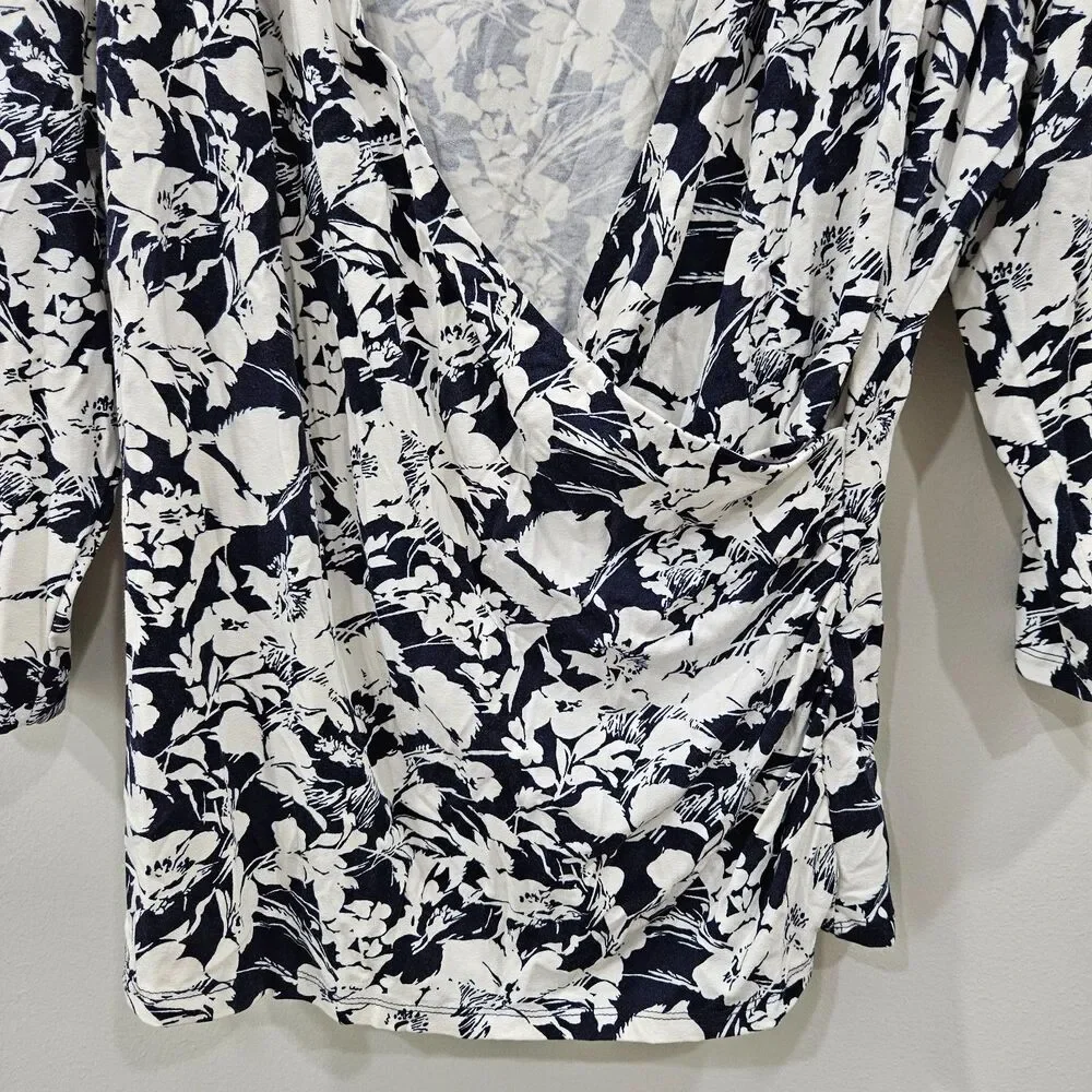 Talbots Womens Dark Floral Faux Wrap Top Black White 1X Whimsigoth Romantic Goth
